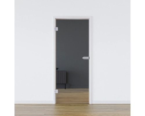 Glastür mit Beschlägen und Türrahmen in einer Wand