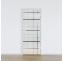 Glastür mit geometrischem Muster vor einer weißen Wand