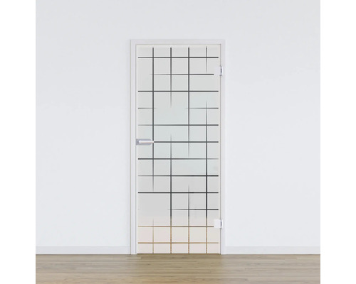 Glastür mit geometrischem Muster vor einer weißen Wand