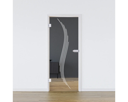 Glastür mit Dekor in einer hellen Wand