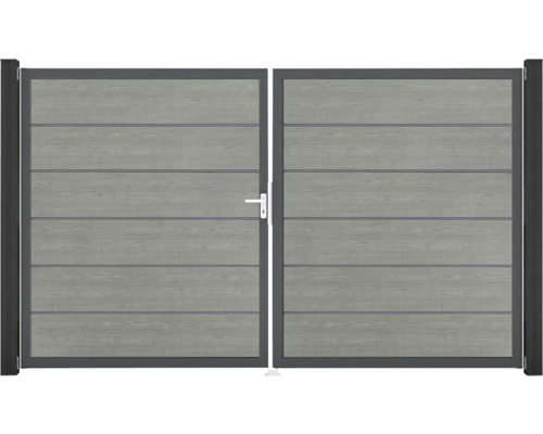 Doppelflügeltor mit horizontalen Holzpaneelen und Metallrahmen