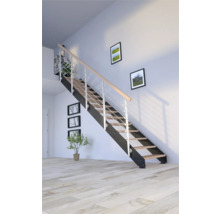 Raumansicht mit Treppe mit Holzstufen und Metallgeländer.