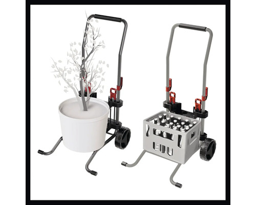 Sackkarre mit Pflanze und Getränkekasten