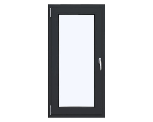 Dunkelgraues Kunststofffenster mit Dreh-Kipp-Beschlag