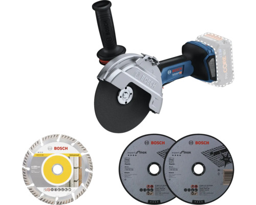 Bosch Akku-Winkelschleifer mit verschiedenen Schleifscheiben