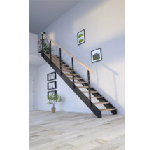 Treppe mit Holzstufen, Metallrahmen und Geländer im Innenraum