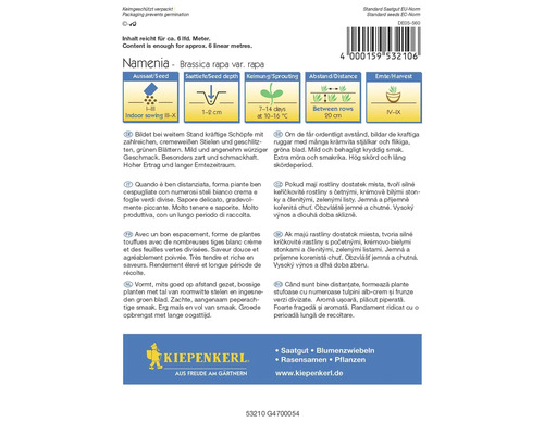 Namenia Rübsamenpackung von Kiepenkerl mit Informationen zu Aussaat, Keimung und Erntezeit