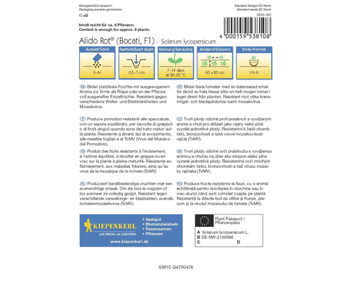 Abbildung der Saatgutverpackung Alido Rot, einer Tomatensorte