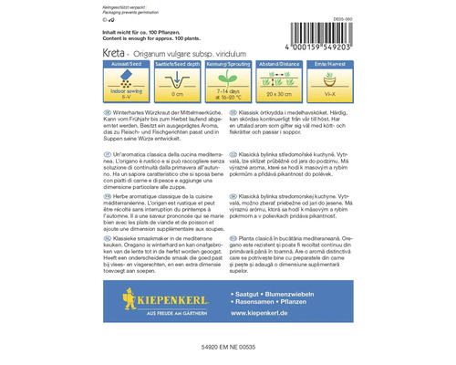 Verpackung der Oregano Sorte Kreta mit Informationen zu Aussaat, Saattiefe, Keimung, Abstand und Ernte