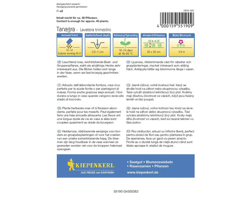 Tanagra Lavatera trimestris flower seed package with information on sowing time, seed depth, germination, spacing, and flowering time