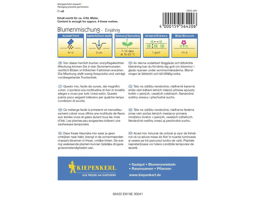 Blumensamenpackung mit Informationen zu Aussaat, Pflanztiefe, Keimung, Abstand und Blütezeit