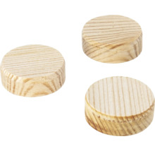 Drei runde Holzdübel aus hellem Holz