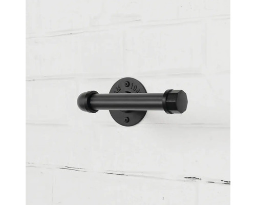 Schwarzer Toilettenpapierhalter aus Metall im Industriedesign zur Wandmontage.