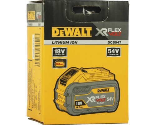 Verpackung eines DeWalt XR Flex Volt 18 Volt oder 54 Volt Lithium-Ionen-Akkus