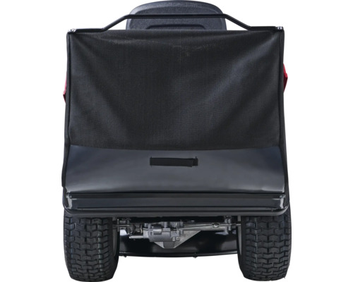 Heckansicht eines Rasentraktors mit montiertem Fangkorb