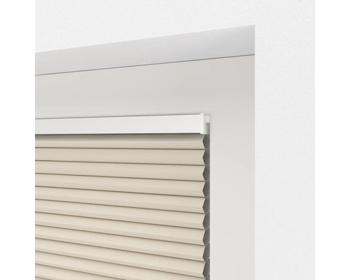 Detailansicht einer beigen Plissee-Jalousie im Fensterrahmen.