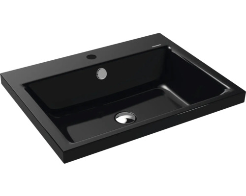 Aufsatzwaschbecken Kaldewei Puro 60x46x4 cm schwarz glänzend emailliert perleffekt Schwarzes Einbauwaschbecken mit Hahnloch und Überlauf