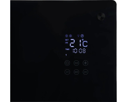 Bedienfeld einer Heizung mit digitaler Anzeige von Temperatur und Uhrzeit