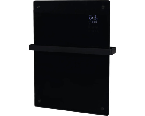 Schwarzer Glasheizkörper mit Handtuchhalter und digitaler Anzeige