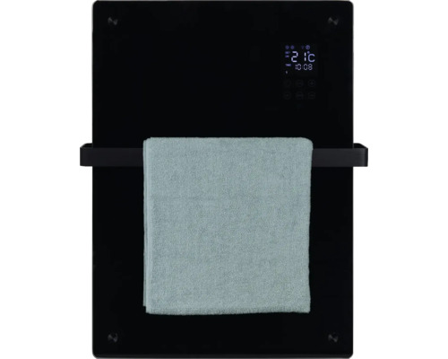 Schwarzer Glasheizkörper mit Handtuch und digitaler Anzeige