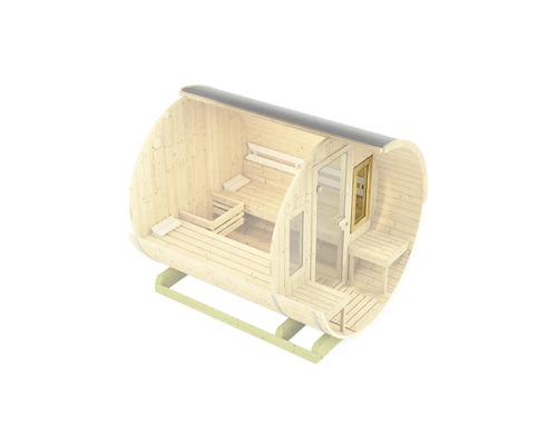 Fasssauna mit Tür und Bänken