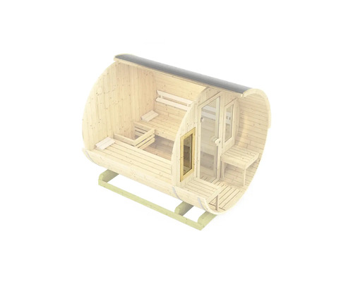 Fasssauna aus Holz mit Glastür
