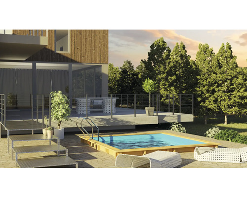 Außenbereich mit Pool, Terrasse, Gartenmöbeln und angrenzendem Gebäude.