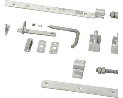 Torriegel-Set mit verschiedenen Metallbeschlägen und Befestigungsmaterialien.