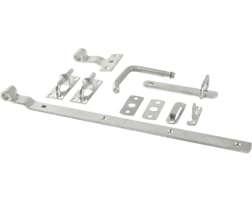 Torriegel-Set aus Metall, bestehend aus Riegel, Angeln und Beschlägen.