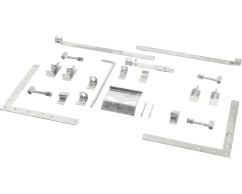 Gartentor Beschlagset aus Metall, bestehend aus verschiedenen Scharnieren, Winkel, Riegel und Zubehör