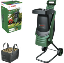 Bosch AXT Rapid 2000 Gartenhäcksler mit Auffangsack und Produktverpackung
