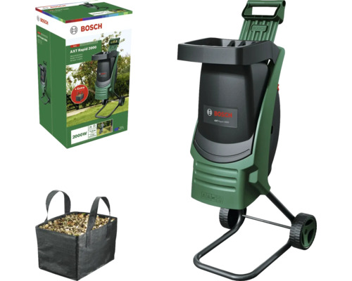 Bosch AXT Rapid 2000 Gartenhäcksler mit Auffangsack und Produktverpackung