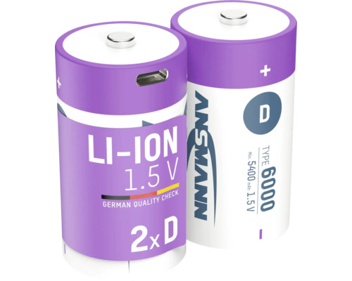 Zwei Ansmann D-Batterien mit Lithium-Ionen Technologie und 1,5 Volt