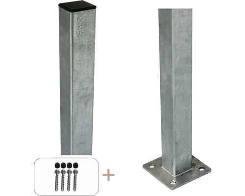 Stahlpfosten PLUS mit Sockel 4,5 x 4,5 x 96 cm mit Pfostenabdeckung/Bolzen Pfosten mit Abdeckkappe, Schrauben und Fußplatte