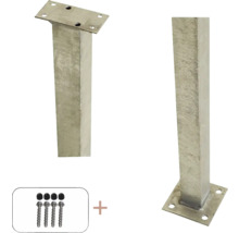 Zwei Pfostenträger aus Metall mit Befestigungsmaterial für den Zaunbau