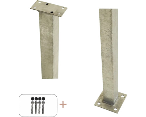 Zwei Pfostenträger aus Metall mit Befestigungsmaterial für den Zaunbau
