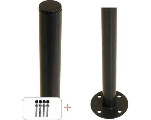 Stahlpfosten PLUS mit Fuß Ø 42,4 mm x 96 cm inkl. Pfostenschutz/Bolzen schwarz Pfosten mit Abdeckung, Fuß und Schrauben