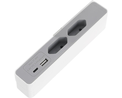 Steckdosenleiste 2x Euro, 1x USB-A, 1xUSB-C, 2 m, grau/weiß
