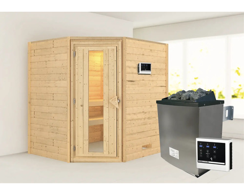 Blockbohlensauna Karibu Mia inkl. 9 kW Ofen u.ext.Steuerung ohne Dachkranz mit Holztüre und Isolierglas wärmegedämmt