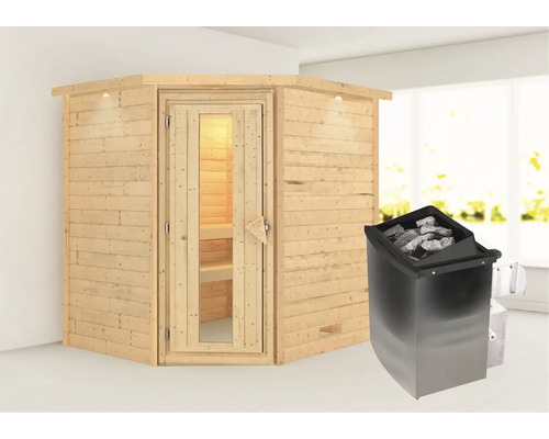 Blockbohlensauna Karibu Mia inkl. 9 kW Ofen u.integr.Steuerung mit Dachkranz und Holztüre mit Isolierglas wärmegedämmt