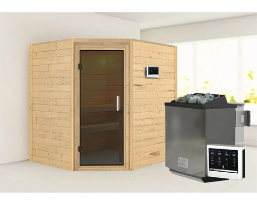 Blockbohlensauna Karibu Mia inkl. 9 kW Bio Ofen u.ext.Steuerung ohne Dachkranz mit graphitfarbiger Ganzglastüre Blockbohlensauna Karibu Mia inkl. 9 kW Bio Ofen u.ext.Steuerung ohne Dachkranz mit graphitfarbiger Ganzglastüre