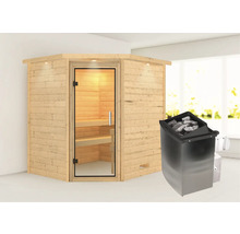 Ecksauna aus Holz mit Glastür und Saunaofen