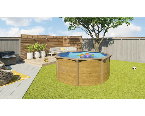 Szene eines Gartens mit rundem Stahlwandpool, Grill, Lounge Möbeln und Terrasse