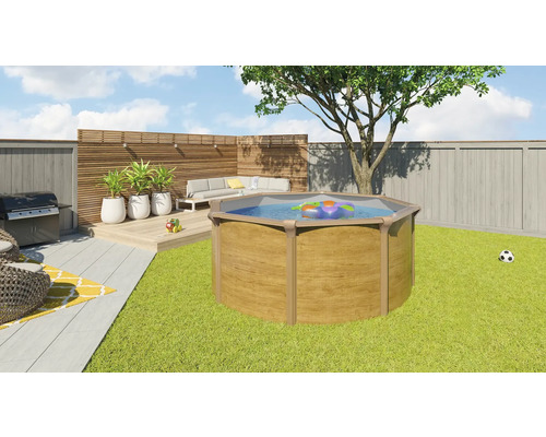 Aufstellpool im Garten mit Grill, Lounge-Ecke und Rasenfläche