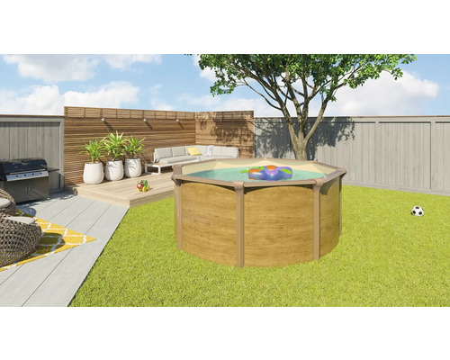 Gartenszene mit Pool, Grill, Sitzgruppe und Dekoration auf Rasenfläche