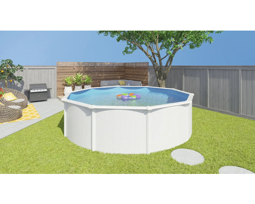 Szene mit einem runden Aufstellpool im Garten