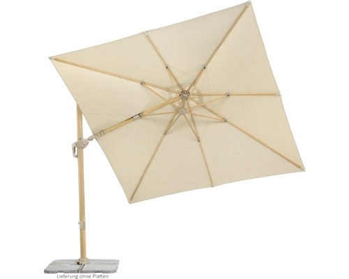 Quadratischer Sonnenschirm mit Holzgestell und hellem Schirmstoff