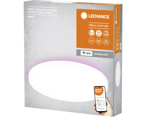 Verpackung einer LEDVANCE Orbis Ultra Slim Backlight Deckenleuchte mit 235 RGB und einstellbarem Weißton