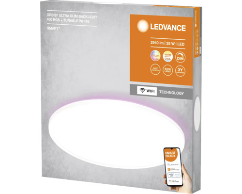 Verpackung der LEDVANCE ORBIS Ultra Slim Backlight Deckenleuchte mit 400 RGB und einstellbarem Weißton