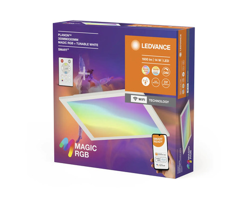 Verpackung der Ledvance Planon 300 mm x 300 mm LED-Leuchte mit Magic RGB und Tunable White Funktion